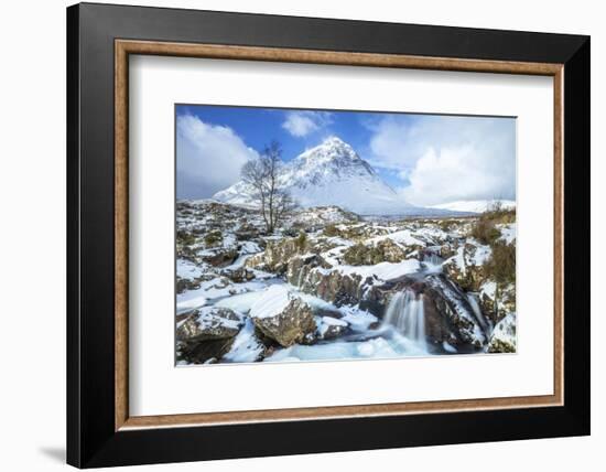 Snow covered Buachaille Etive Mor and the River Coupall, Glen Etive, Rannoch Moor, Glencoe-Neale Clark-Framed Photographic Print