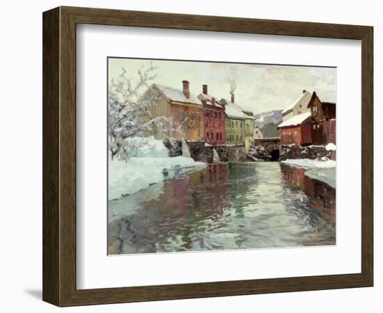 Snow-Covered Buildings by a River-Fritz Thaulow-Framed Giclee Print