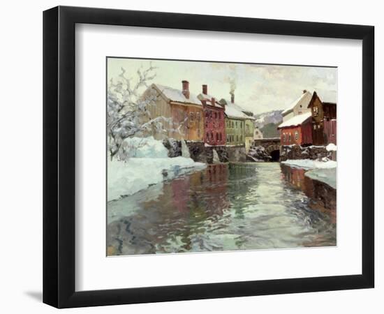 Snow-Covered Buildings by a River-Fritz Thaulow-Framed Giclee Print