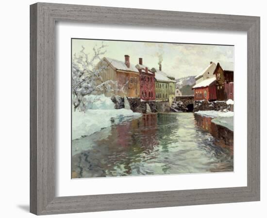 Snow-Covered Buildings by a River-Fritz Thaulow-Framed Giclee Print