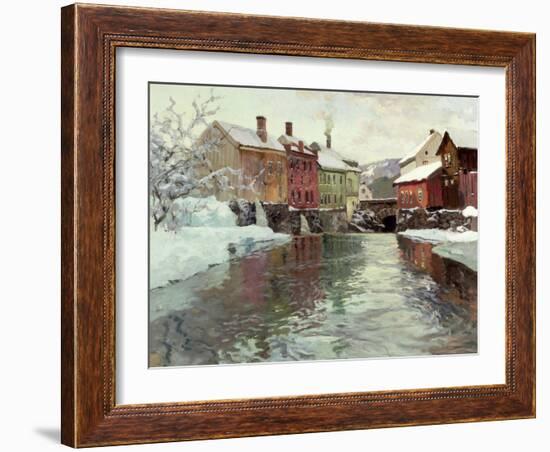 Snow-Covered Buildings by a River-Fritz Thaulow-Framed Giclee Print