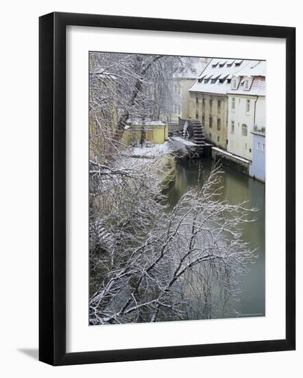 Snow-Covered Certovka Canal and Water Wheel at Kampa Island, Czech Republic, Europe-Richard Nebesky-Framed Photographic Print