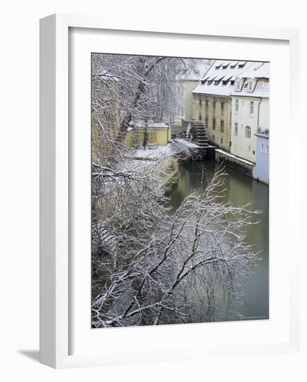 Snow-Covered Certovka Canal and Water Wheel at Kampa Island, Czech Republic, Europe-Richard Nebesky-Framed Photographic Print