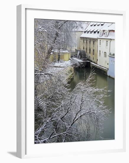 Snow-Covered Certovka Canal and Water Wheel at Kampa Island, Czech Republic, Europe-Richard Nebesky-Framed Photographic Print