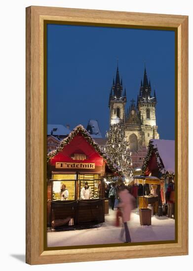 Snow-Covered Christmas Market and Tyn Church, Old Town Square, Prague, Czech Republic, Europe-Richard Nebesky-Framed Premier Image Canvas