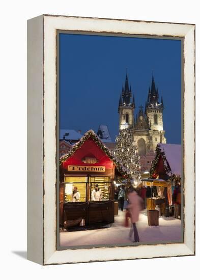 Snow-Covered Christmas Market and Tyn Church, Old Town Square, Prague, Czech Republic, Europe-Richard Nebesky-Framed Premier Image Canvas