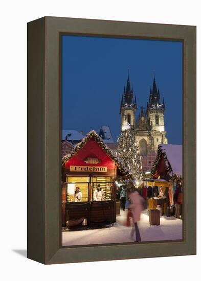 Snow-Covered Christmas Market and Tyn Church, Old Town Square, Prague, Czech Republic, Europe-Richard Nebesky-Framed Premier Image Canvas