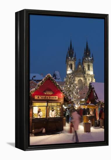 Snow-Covered Christmas Market and Tyn Church, Old Town Square, Prague, Czech Republic, Europe-Richard Nebesky-Framed Premier Image Canvas