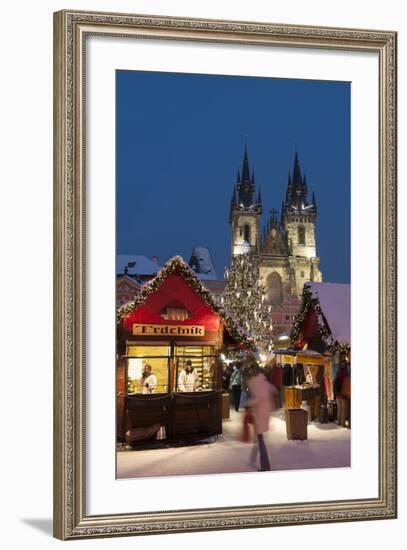 Snow-Covered Christmas Market and Tyn Church, Old Town Square, Prague, Czech Republic, Europe-Richard Nebesky-Framed Photographic Print