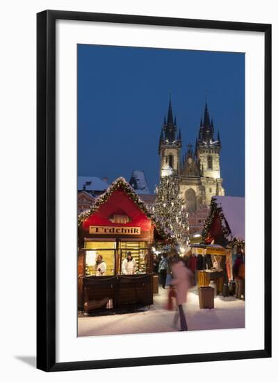 Snow-Covered Christmas Market and Tyn Church, Old Town Square, Prague, Czech Republic, Europe-Richard Nebesky-Framed Photographic Print