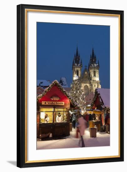 Snow-Covered Christmas Market and Tyn Church, Old Town Square, Prague, Czech Republic, Europe-Richard Nebesky-Framed Photographic Print