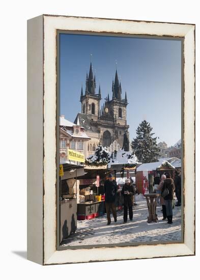 Snow-Covered Christmas Market and Tyn Church, Old Town Square, Prague, Czech Republic, Europe-Richard Nebesky-Framed Premier Image Canvas