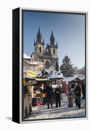 Snow-Covered Christmas Market and Tyn Church, Old Town Square, Prague, Czech Republic, Europe-Richard Nebesky-Framed Premier Image Canvas