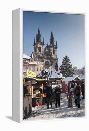 Snow-Covered Christmas Market and Tyn Church, Old Town Square, Prague, Czech Republic, Europe-Richard Nebesky-Framed Premier Image Canvas