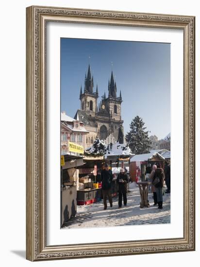 Snow-Covered Christmas Market and Tyn Church, Old Town Square, Prague, Czech Republic, Europe-Richard Nebesky-Framed Photographic Print