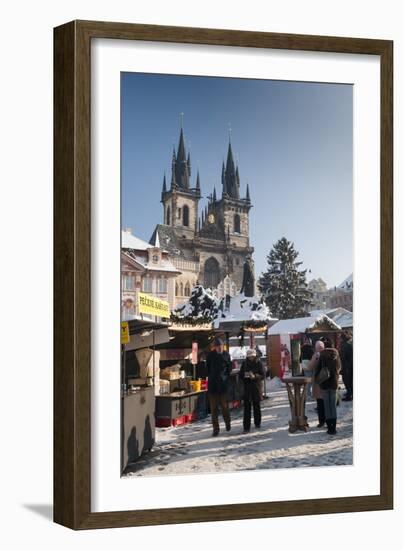 Snow-Covered Christmas Market and Tyn Church, Old Town Square, Prague, Czech Republic, Europe-Richard Nebesky-Framed Photographic Print