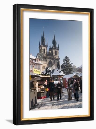 Snow-Covered Christmas Market and Tyn Church, Old Town Square, Prague, Czech Republic, Europe-Richard Nebesky-Framed Photographic Print