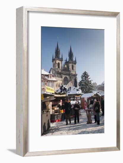 Snow-Covered Christmas Market and Tyn Church, Old Town Square, Prague, Czech Republic, Europe-Richard Nebesky-Framed Photographic Print