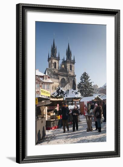 Snow-Covered Christmas Market and Tyn Church, Old Town Square, Prague, Czech Republic, Europe-Richard Nebesky-Framed Photographic Print