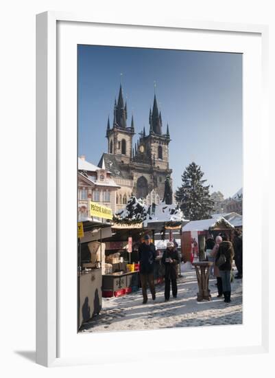 Snow-Covered Christmas Market and Tyn Church, Old Town Square, Prague, Czech Republic, Europe-Richard Nebesky-Framed Photographic Print