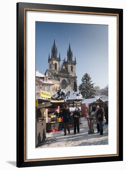 Snow-Covered Christmas Market and Tyn Church, Old Town Square, Prague, Czech Republic, Europe-Richard Nebesky-Framed Photographic Print