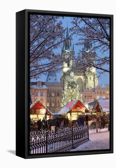 Snow-Covered Christmas Market and Tyn Church, Old Town Square, Prague, Czech Republic, Europe-Richard Nebesky-Framed Premier Image Canvas