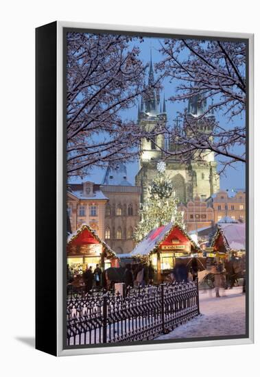 Snow-Covered Christmas Market and Tyn Church, Old Town Square, Prague, Czech Republic, Europe-Richard Nebesky-Framed Premier Image Canvas