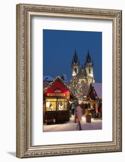 Snow-Covered Christmas Market and Tyn Church, Old Town Square, Prague, Czech Republic, Europe-Richard Nebesky-Framed Photographic Print