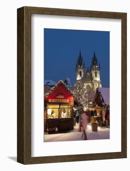 Snow-Covered Christmas Market and Tyn Church, Old Town Square, Prague, Czech Republic, Europe-Richard Nebesky-Framed Photographic Print