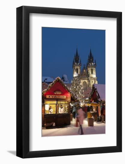 Snow-Covered Christmas Market and Tyn Church, Old Town Square, Prague, Czech Republic, Europe-Richard Nebesky-Framed Photographic Print