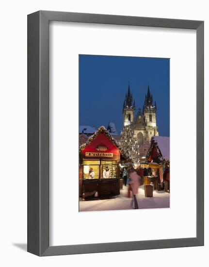 Snow-Covered Christmas Market and Tyn Church, Old Town Square, Prague, Czech Republic, Europe-Richard Nebesky-Framed Photographic Print