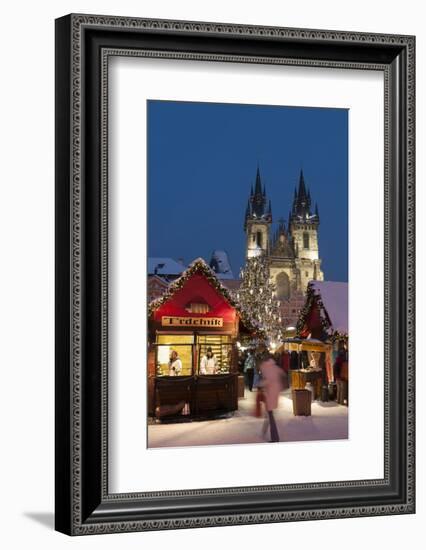 Snow-Covered Christmas Market and Tyn Church, Old Town Square, Prague, Czech Republic, Europe-Richard Nebesky-Framed Photographic Print