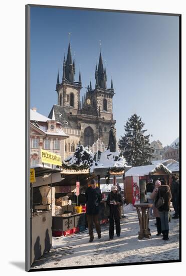 Snow-Covered Christmas Market and Tyn Church, Old Town Square, Prague, Czech Republic, Europe-Richard Nebesky-Mounted Premium Photographic Print