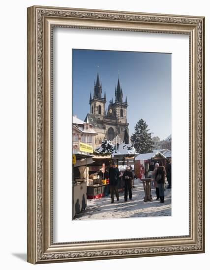 Snow-Covered Christmas Market and Tyn Church, Old Town Square, Prague, Czech Republic, Europe-Richard Nebesky-Framed Photographic Print