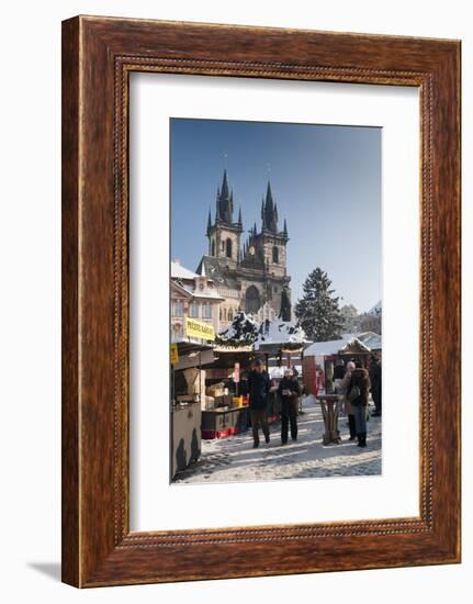 Snow-Covered Christmas Market and Tyn Church, Old Town Square, Prague, Czech Republic, Europe-Richard Nebesky-Framed Photographic Print