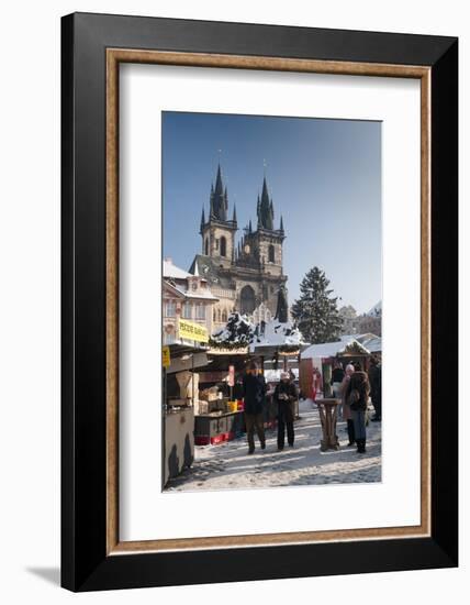 Snow-Covered Christmas Market and Tyn Church, Old Town Square, Prague, Czech Republic, Europe-Richard Nebesky-Framed Photographic Print