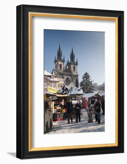 Snow-Covered Christmas Market and Tyn Church, Old Town Square, Prague, Czech Republic, Europe-Richard Nebesky-Framed Photographic Print