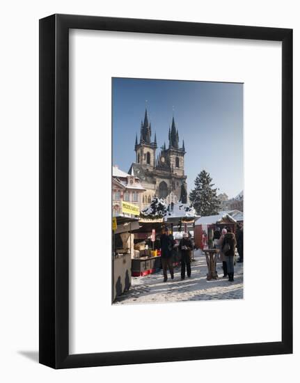 Snow-Covered Christmas Market and Tyn Church, Old Town Square, Prague, Czech Republic, Europe-Richard Nebesky-Framed Photographic Print