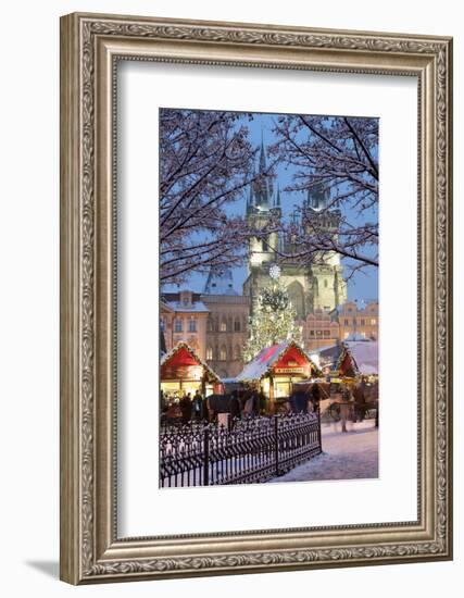 Snow-Covered Christmas Market and Tyn Church, Old Town Square, Prague, Czech Republic, Europe-Richard Nebesky-Framed Photographic Print