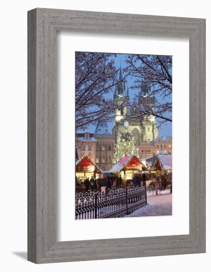 Snow-Covered Christmas Market and Tyn Church, Old Town Square, Prague, Czech Republic, Europe-Richard Nebesky-Framed Photographic Print