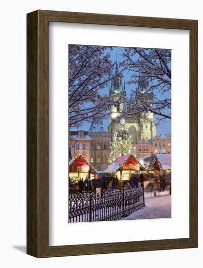 Snow-Covered Christmas Market and Tyn Church, Old Town Square, Prague, Czech Republic, Europe-Richard Nebesky-Framed Photographic Print