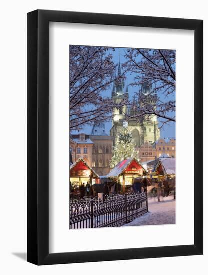 Snow-Covered Christmas Market and Tyn Church, Old Town Square, Prague, Czech Republic, Europe-Richard Nebesky-Framed Photographic Print