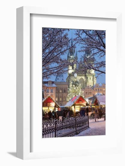 Snow-Covered Christmas Market and Tyn Church, Old Town Square, Prague, Czech Republic, Europe-Richard Nebesky-Framed Photographic Print