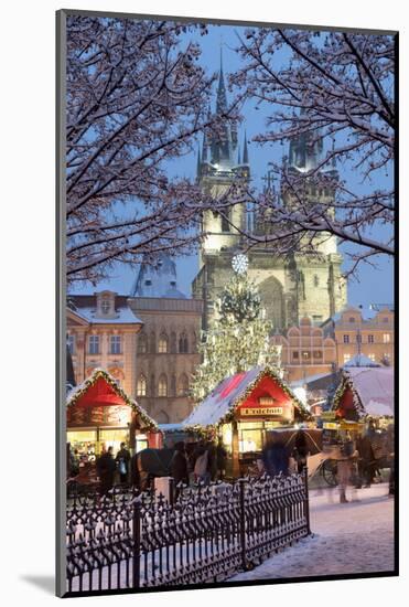 Snow-Covered Christmas Market and Tyn Church, Old Town Square, Prague, Czech Republic, Europe-Richard Nebesky-Mounted Photographic Print