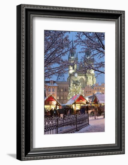 Snow-Covered Christmas Market and Tyn Church, Old Town Square, Prague, Czech Republic, Europe-Richard Nebesky-Framed Photographic Print