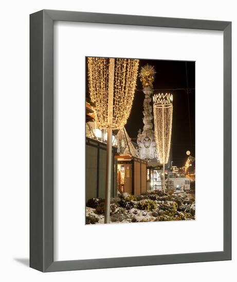 Snow-Covered Flowers, Christmas Decorations and Baroque Trinity Column at Christmas Market, Austria-Richard Nebesky-Framed Photographic Print