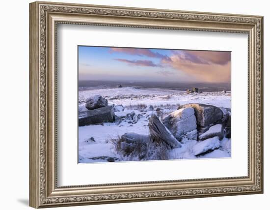 Snow covered granite outcrops on Great Staple Tor, Dartmoor National Park, Devon, England-Adam Burton-Framed Photographic Print