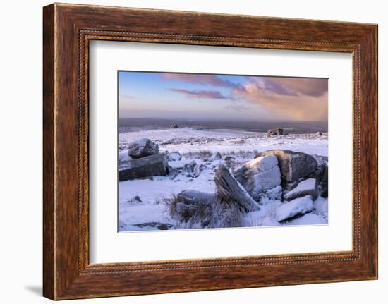 Snow covered granite outcrops on Great Staple Tor, Dartmoor National Park, Devon, England-Adam Burton-Framed Photographic Print