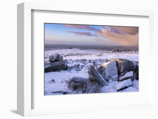 Snow covered granite outcrops on Great Staple Tor, Dartmoor National Park, Devon, England-Adam Burton-Framed Photographic Print