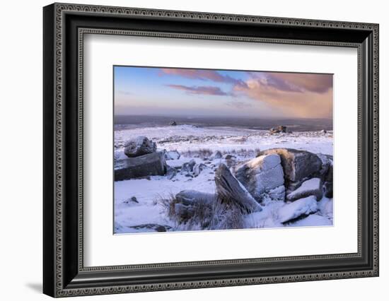 Snow covered granite outcrops on Great Staple Tor, Dartmoor National Park, Devon, England-Adam Burton-Framed Photographic Print